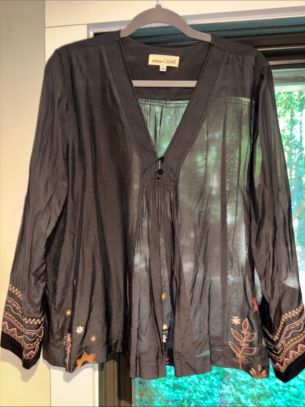 Johnny Was Calme Black Embroidered V-Neck Women's Top